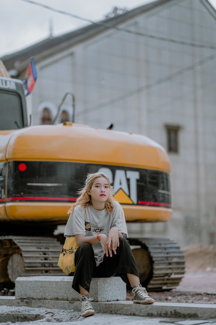 Asian woman sitting calmly in front of a yellow excavator at a construction site.